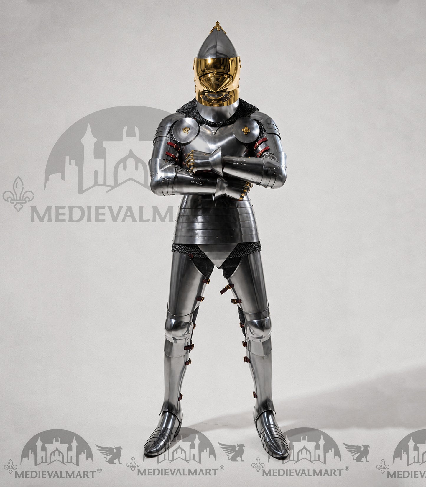 MEDIEVALMART 15th-Century English knight Warrior Gothic Plate Armor Costume W/H Gold Face Hounskull Helmet
