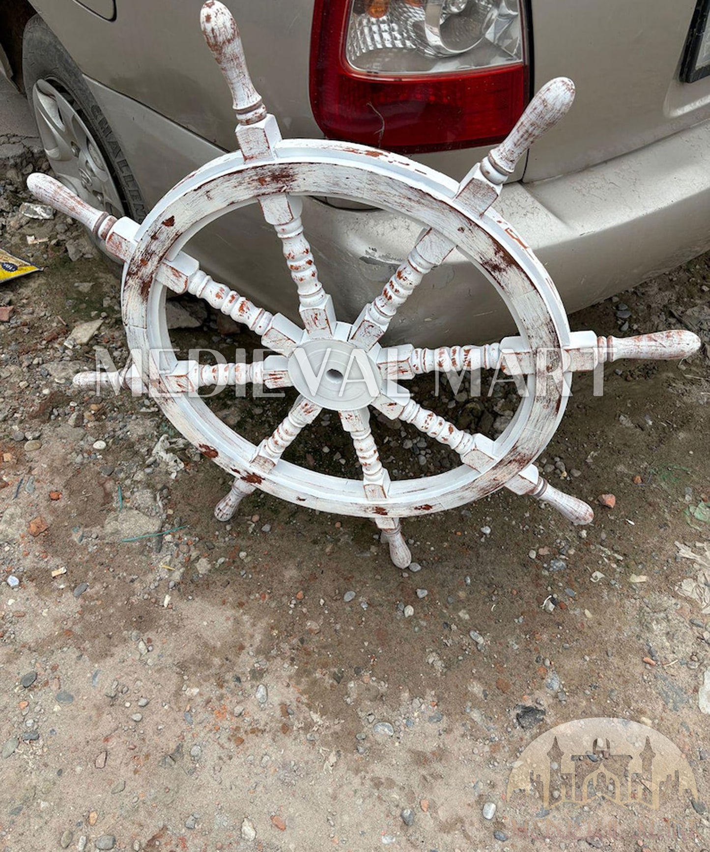 MEDIEVALMART Nautical Wooden "White Damaged" Ship Wheel for Wall Decor