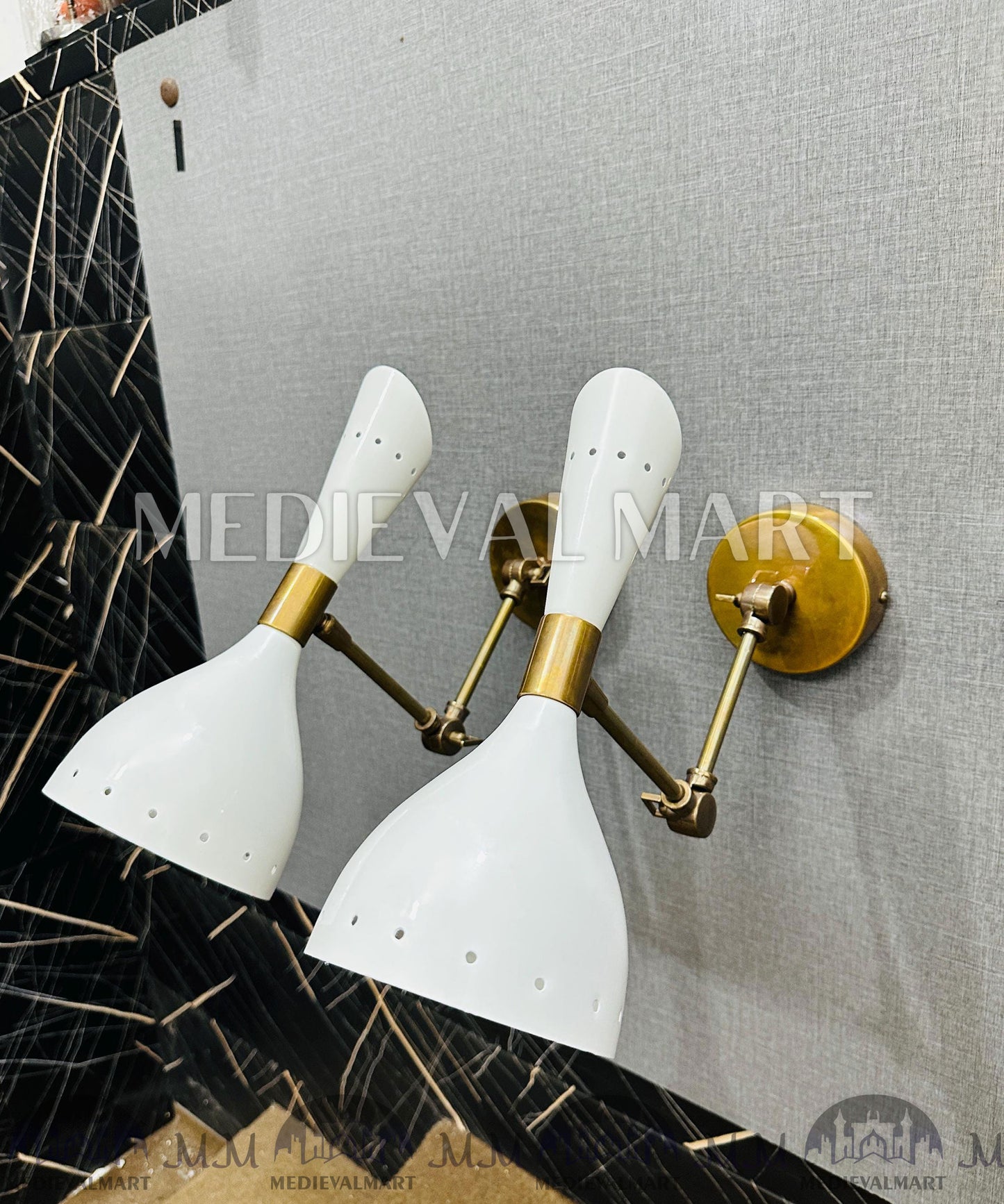 MEDIEVALMART Mid Century Italian Brass Wall Sconce Pair: Cream Diabolo Lamps