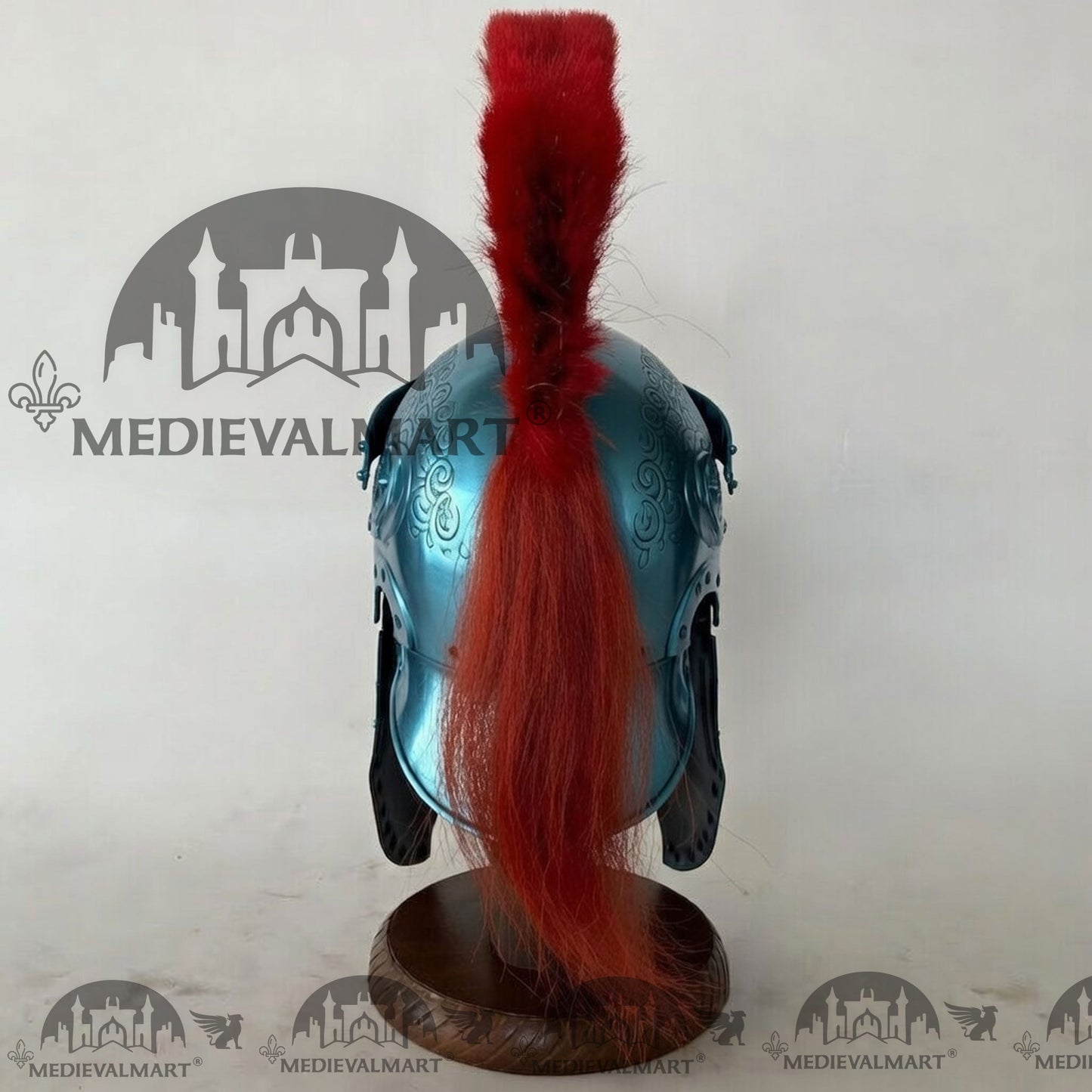 MEDIEVALMART Medieval Roman Centurion Aqua Blue Finish Helmet with Red Plume or Free Wooden Stand