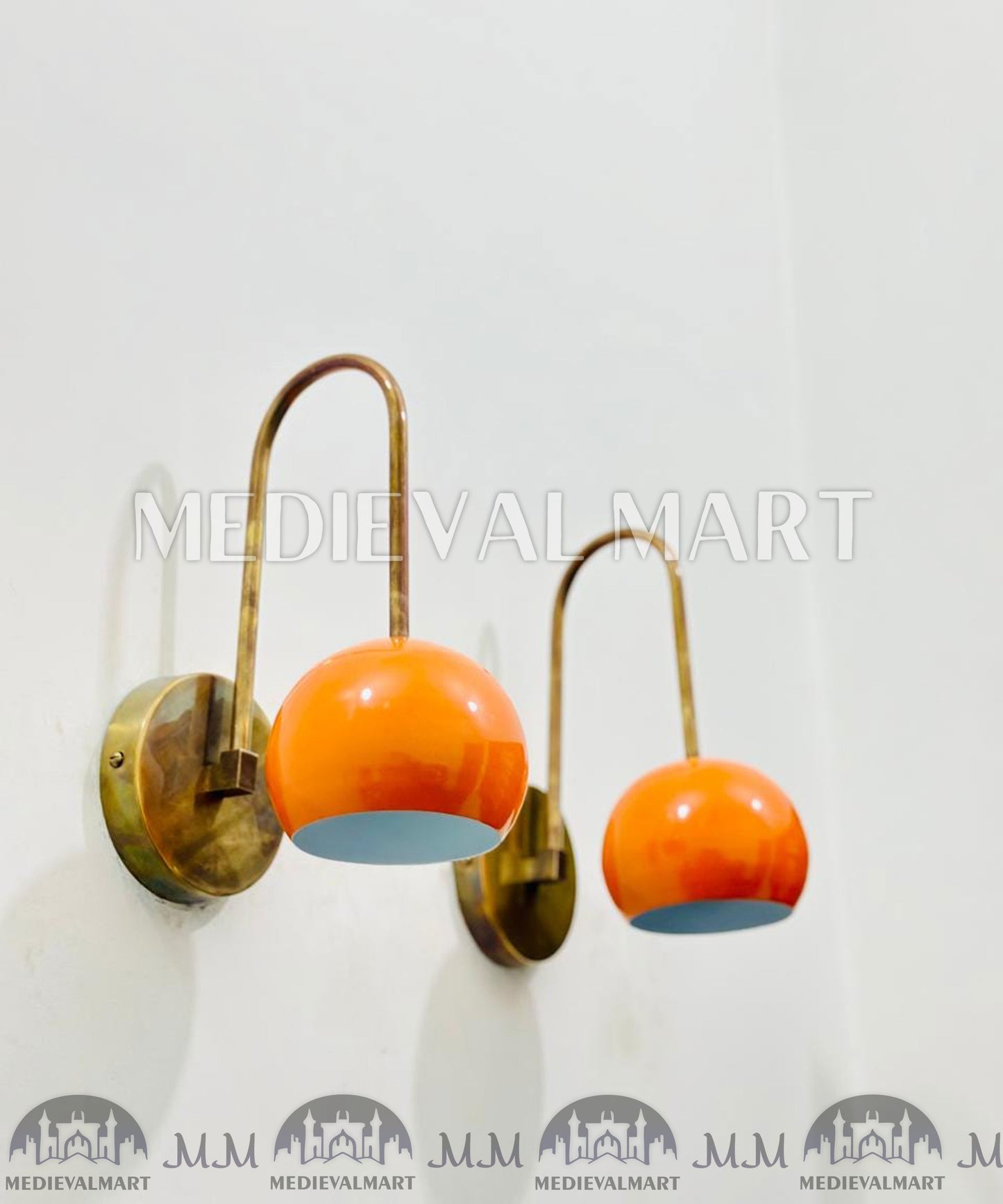 MEDIEVALMART Mid-Century Modern Brass Wall Sconces Vanity Lamp Orange Ball Accent