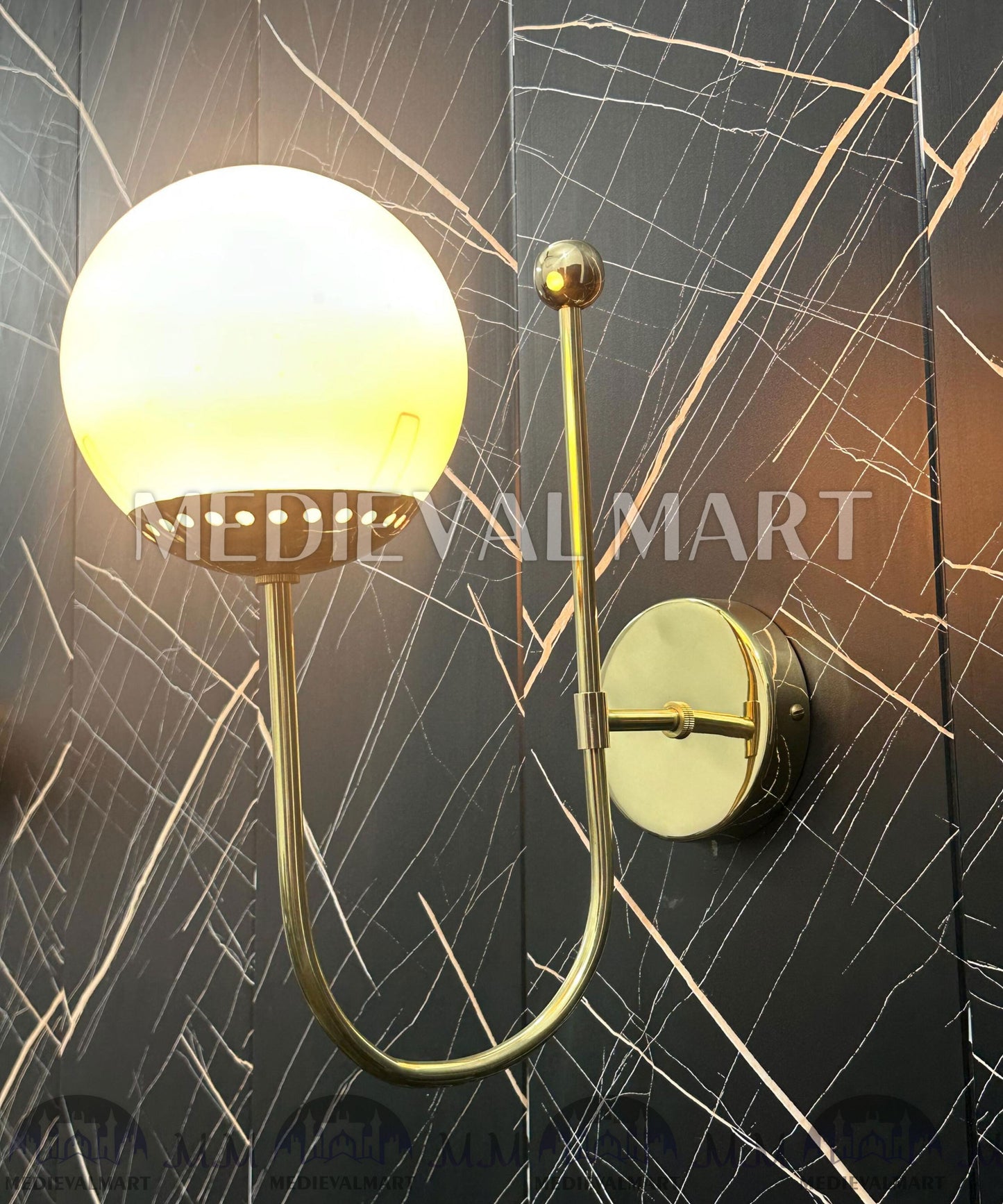 MEDIEVALMART Handcrafted Brass Milky Ball Wall Lamp - Modern Home Lighting