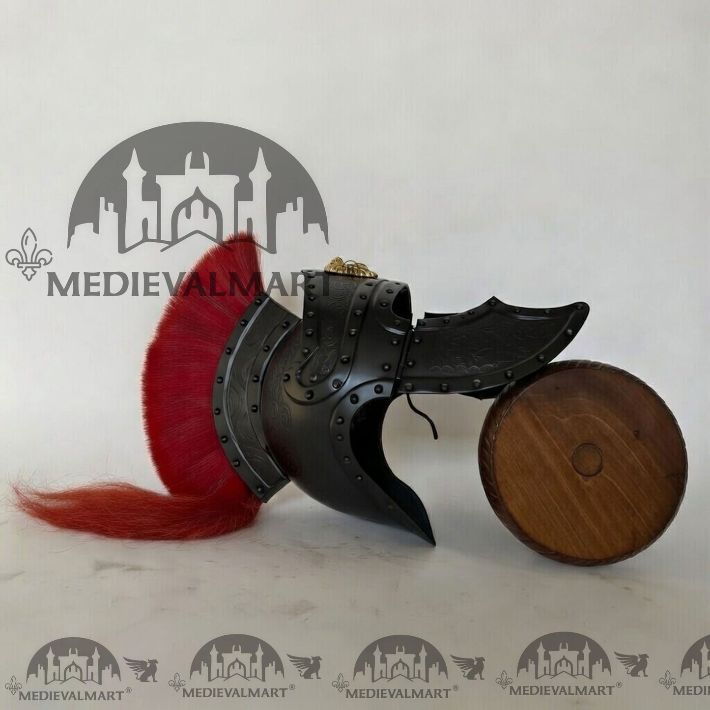 MEDIEVALMART Medieval Roman Centurion Black Finish Helmet with Red Plume or Free Wooden Stand