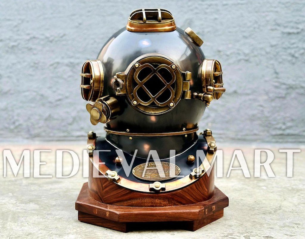 MEDIEVALMART Antique Black Finish Diving Helmet With Wooden Base