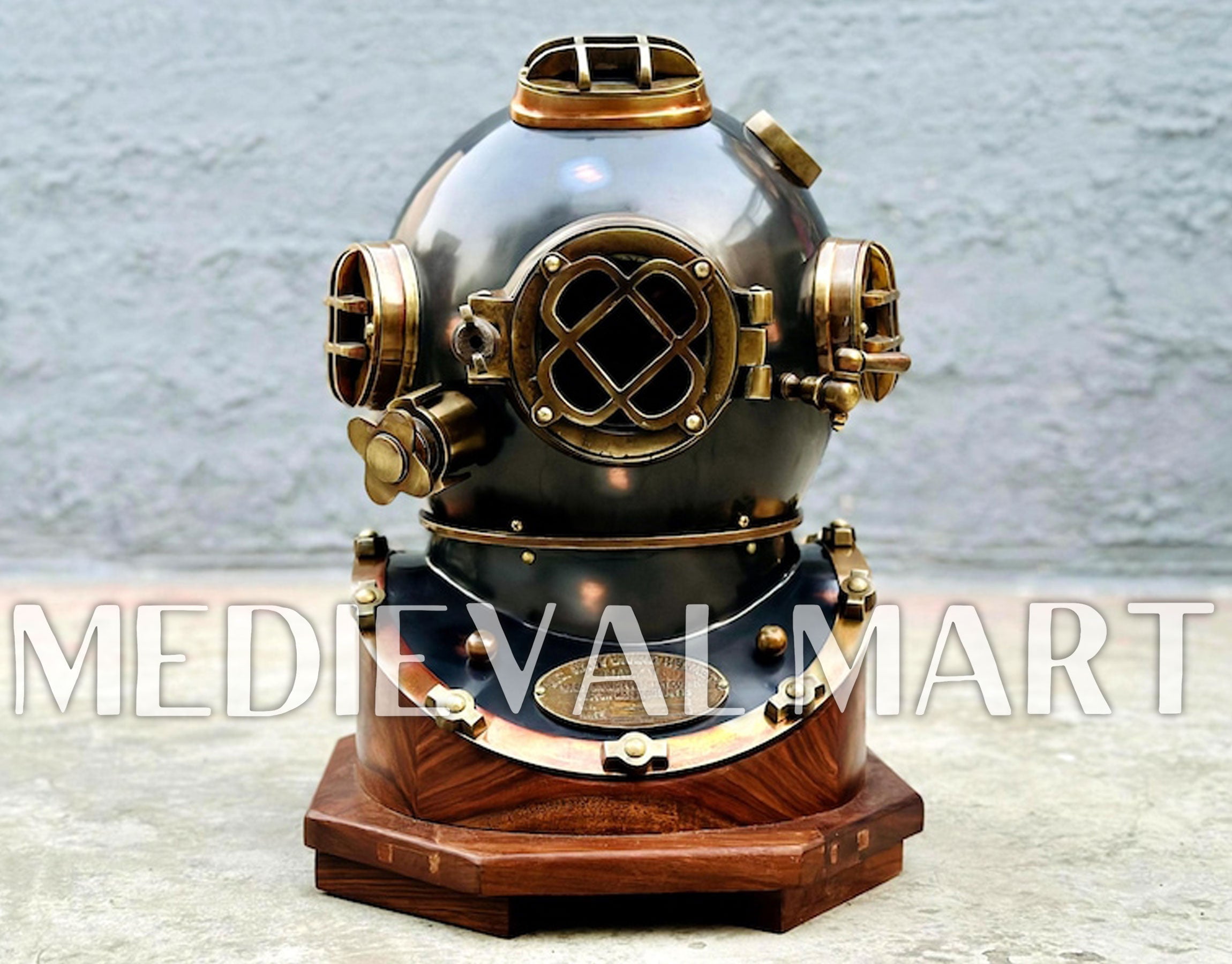 MEDIEVALMART Antique Black Finish Diving Helmet With Wooden Base