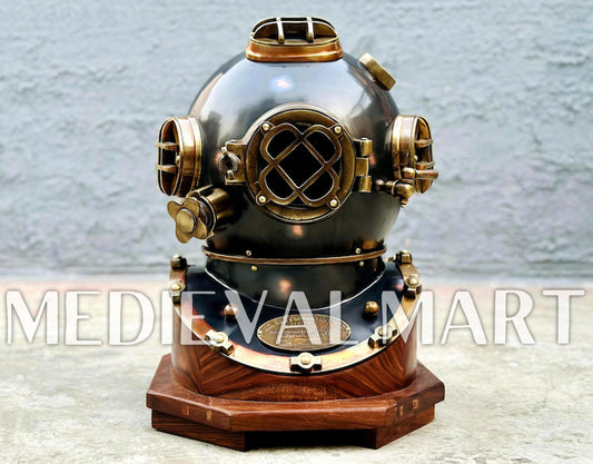 MEDIEVALMART Antique Black Finish Diving Helmet With Wooden Base