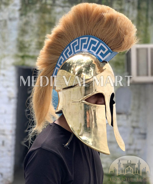 MEDIEVALMART "7th Cen BCE" Greek Corinthian Shiny Brass Finish Full Size Royal Helmet W/H Plume or Free Stand | Greek Props