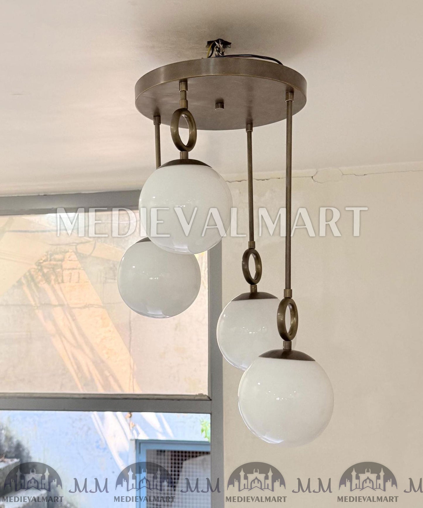 MEDIEVALMART Modern Handcrafted Raw Brass Chandelier | 4 Light Pendant | White Glass Globe Ceiling Light Fixture