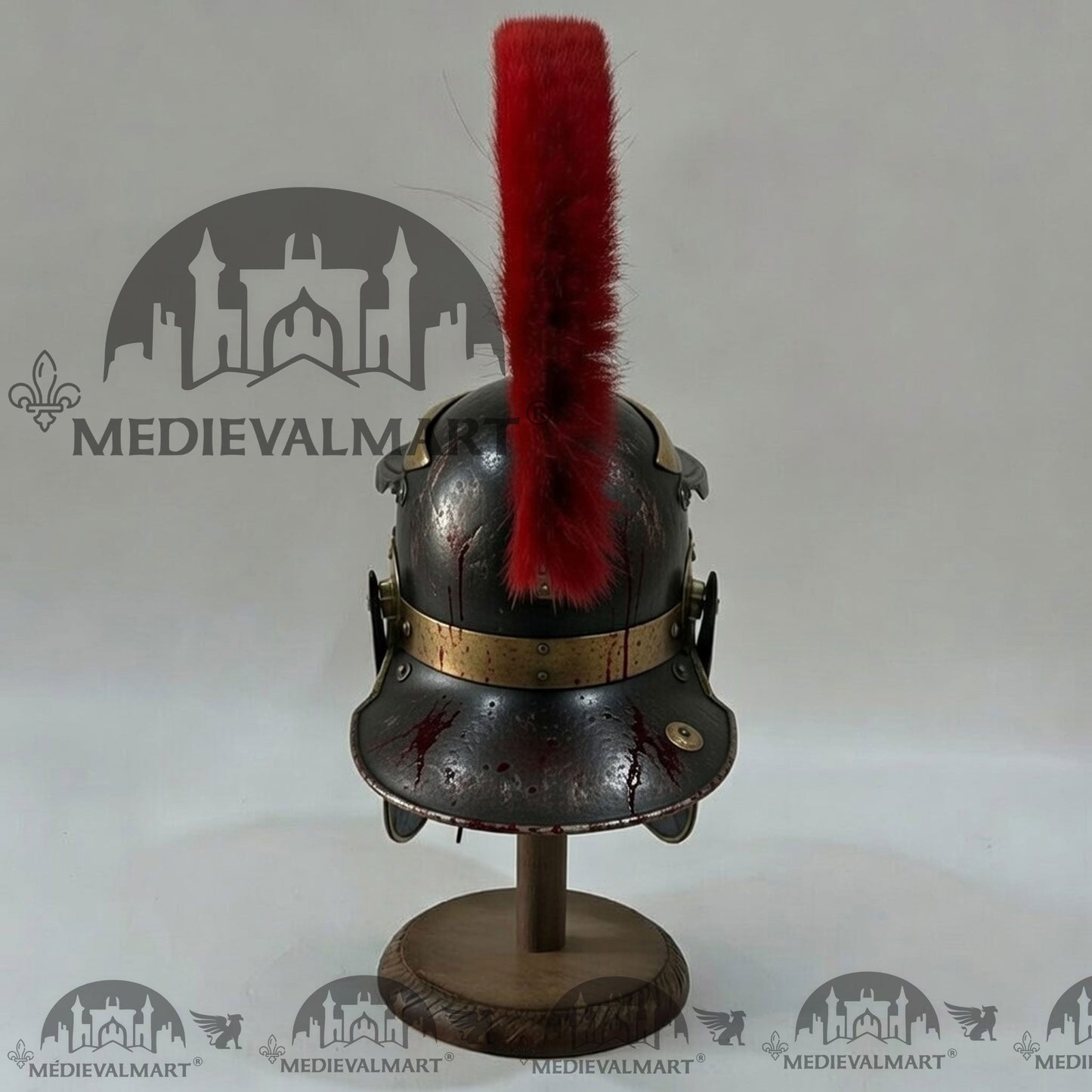 MEDIEVALMART Gallic Roman Centurion Black Damage W/H Blood Finish Helmet Replica Red Plume with Free Stand