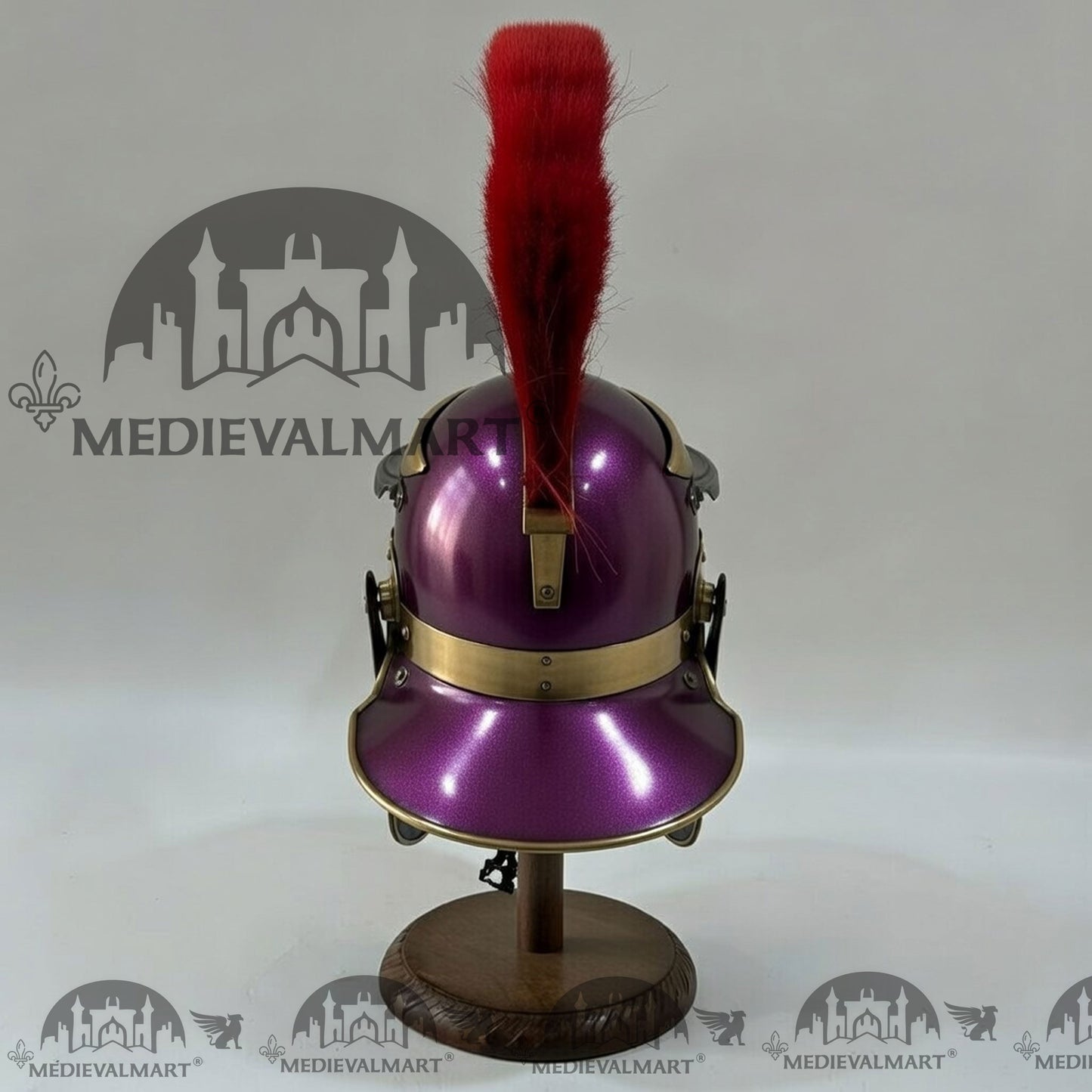 MEDIEVALMART Gallic Roman Centurion Purple Finish Helmet Replica Red Plume with Free Stand