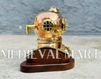MEDIEVALMART 6"INCH Pure Cooper Brass Diving Helmet With Wooden Base
