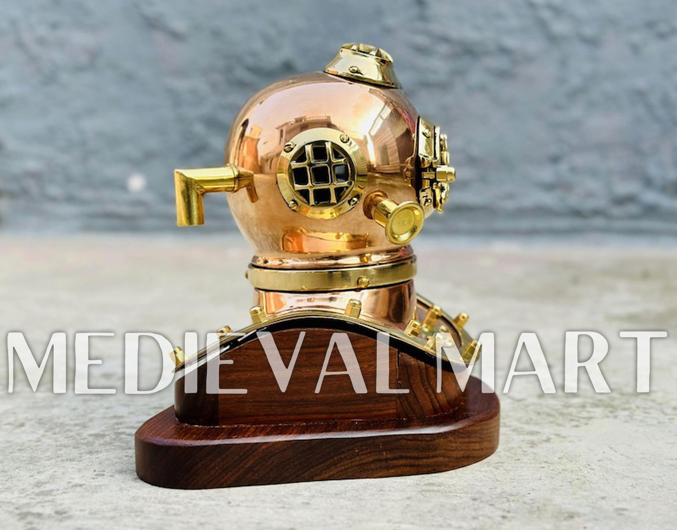MEDIEVALMART 6"INCH Pure Cooper Brass Diving Helmet With Wooden Base