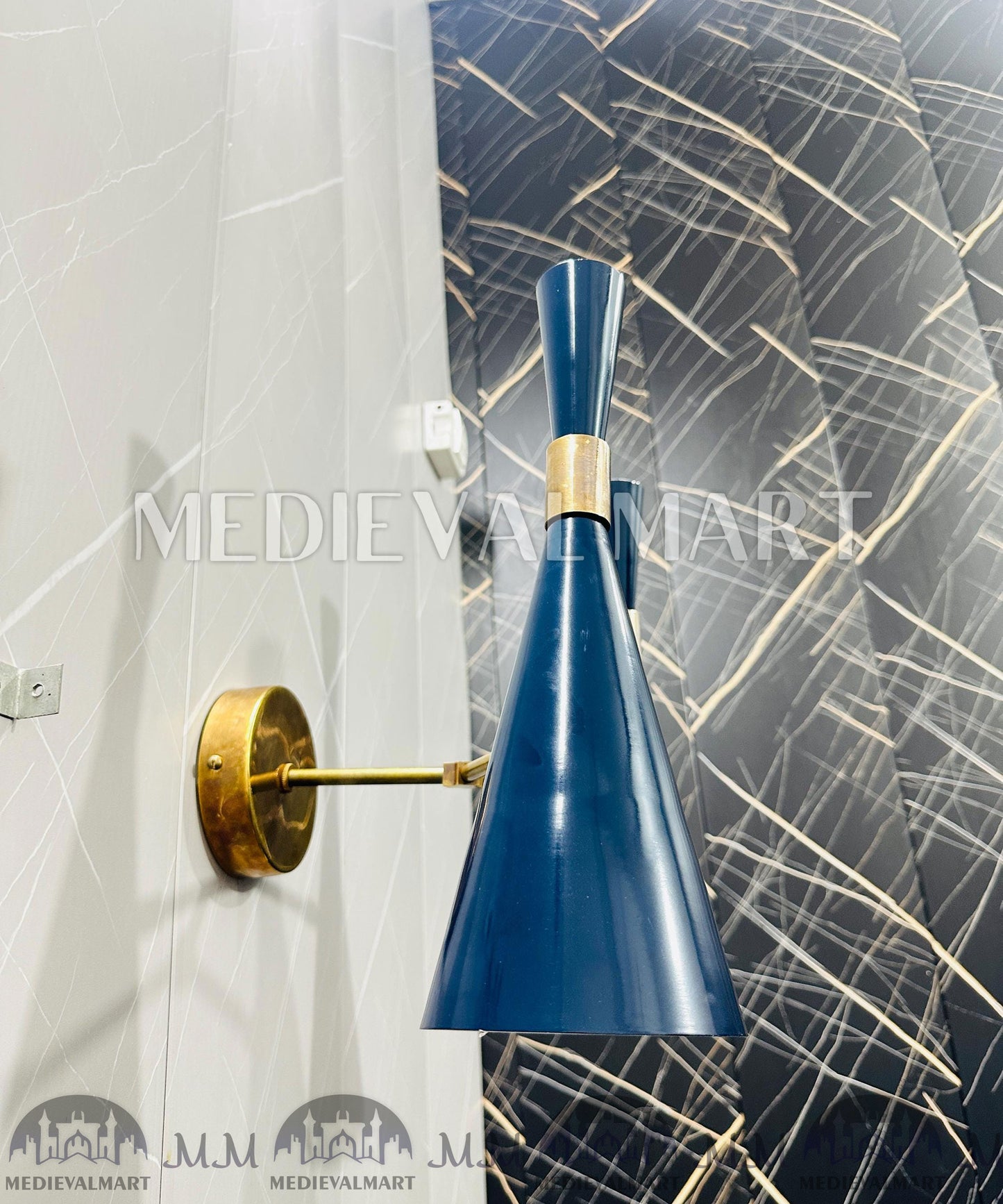 MEDIEVALMART Customized Handcrafted Mid-Century Brass Wall Sconce - Double Arm Shade Light Fixttue.