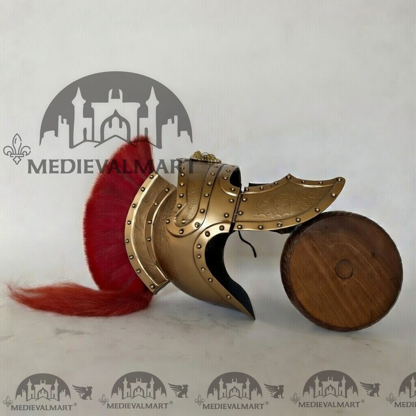 MEDIEVALMART Medieval Roman Centurion Gold Finish Helmet with Red Plume or Free Wooden Stand