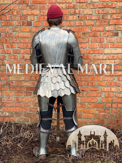 MEDIEVALMART 14th Century Knight Crusader-Era Transitional Plate Hybrid Armor W/H Wolf Ribs Bacinet & Pole Arms Hammer
