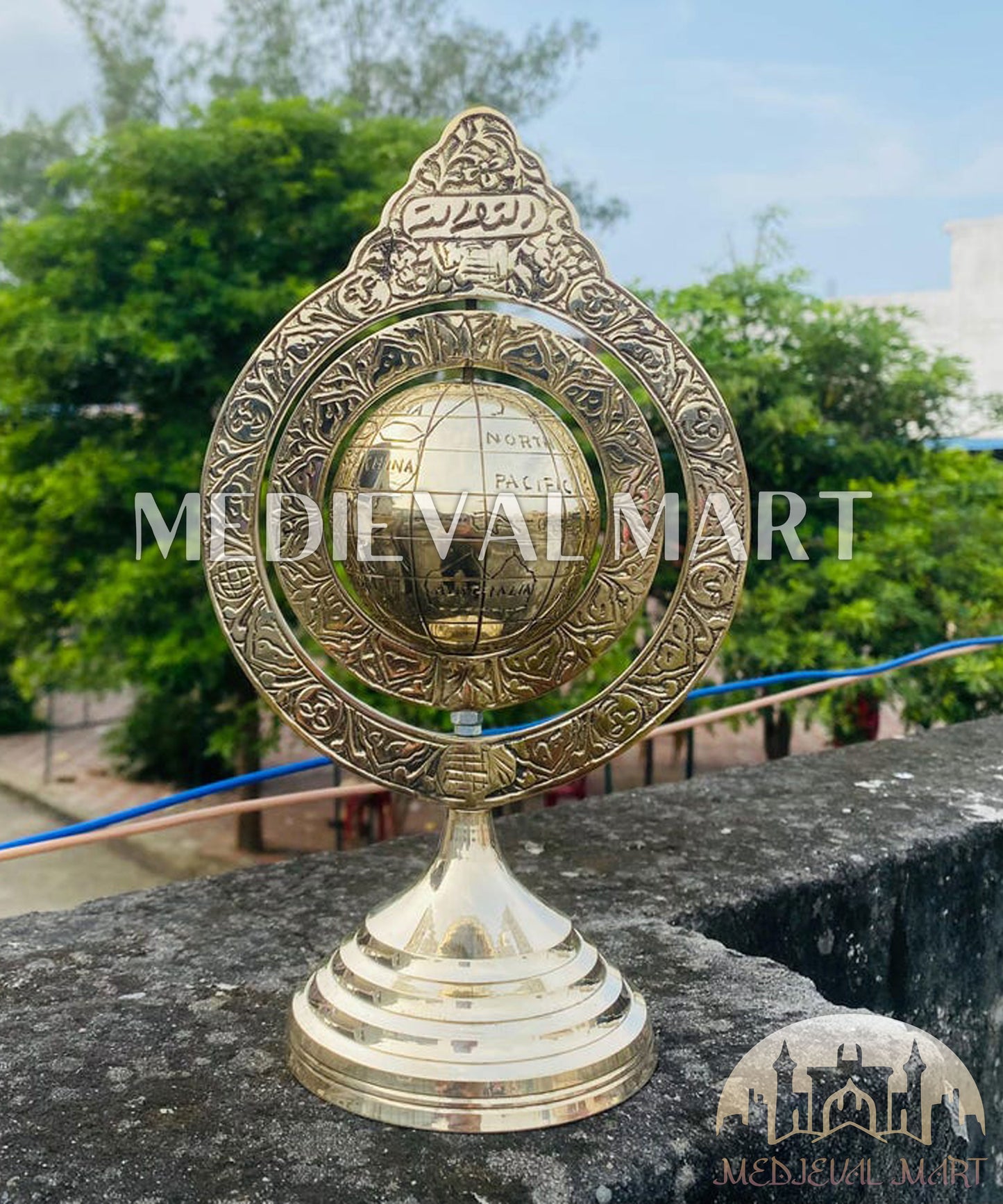 MEDIEVALMART Handmade Antique Brass World Globe for Desk Decor Armillary Home Office Interior Gift For Dad