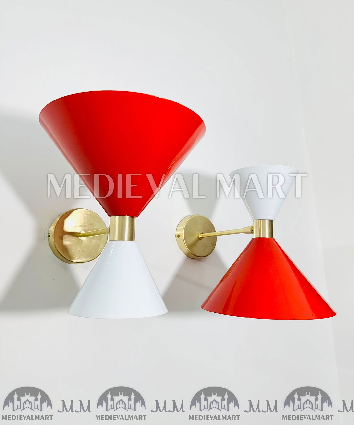 MEDIEVALMART 1950s Mid Century Italian Diabolo Wall Sconce Pair: Red & White Lighting Decor