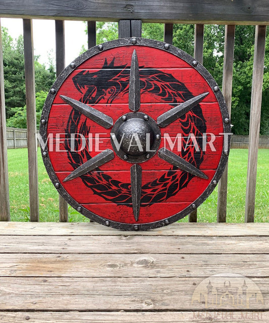 MEDIEVALMART Legendary Viking's RED Ouroboros Battleworn Iconic Viking Wooden Shield | Gifts For Dad