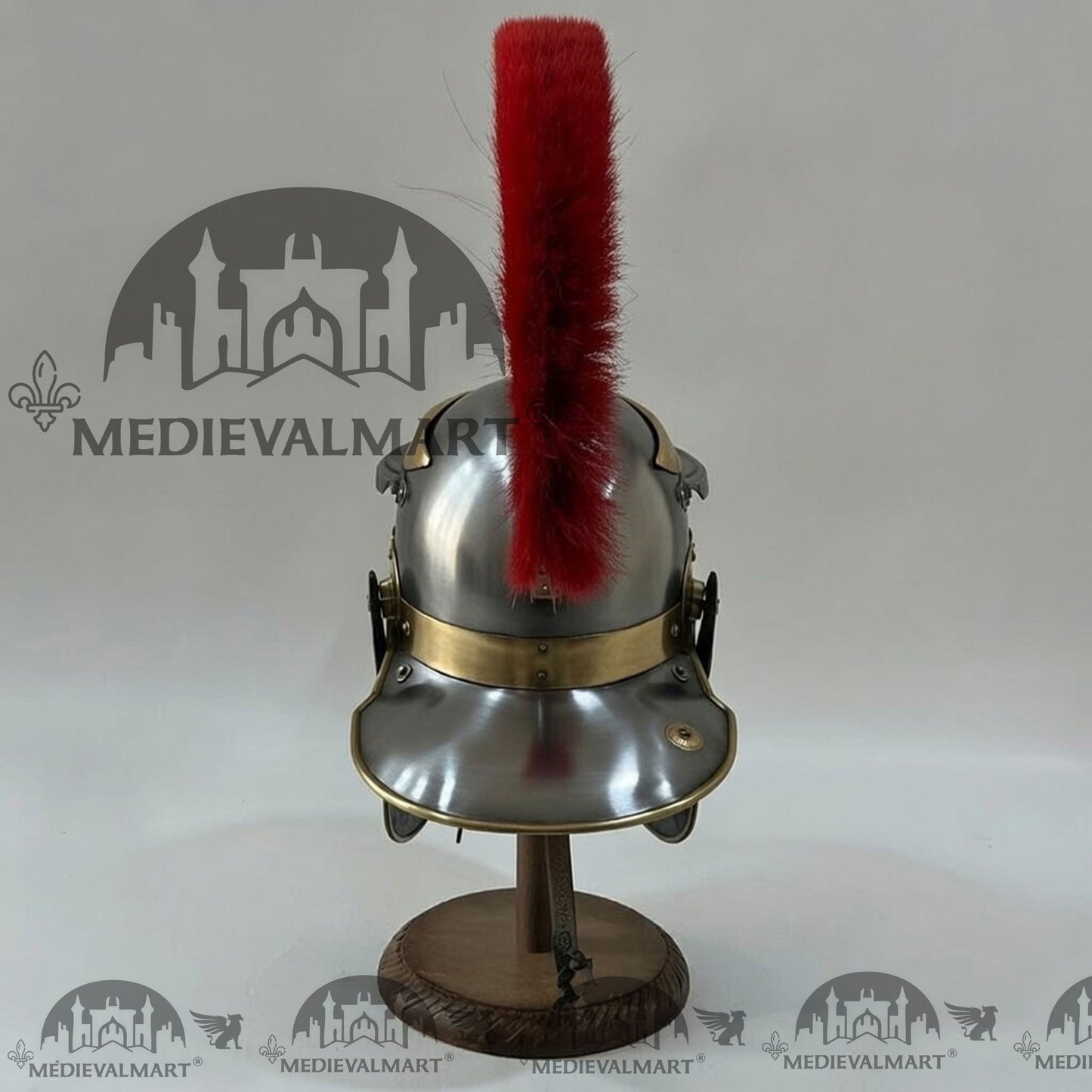 MEDIEVALMART Gallic Roman Centurion Silver Finish Helmet Replica Red Plume with Free Stand