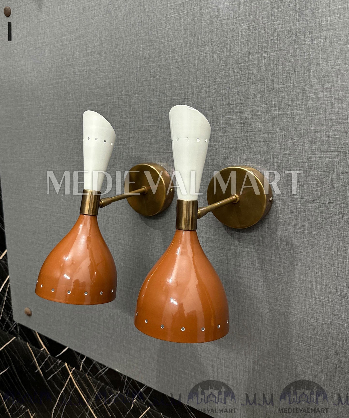 MEDIEVALMART Handmade Modern Chocolate & White Brass Double Cone Wall Sconce Light