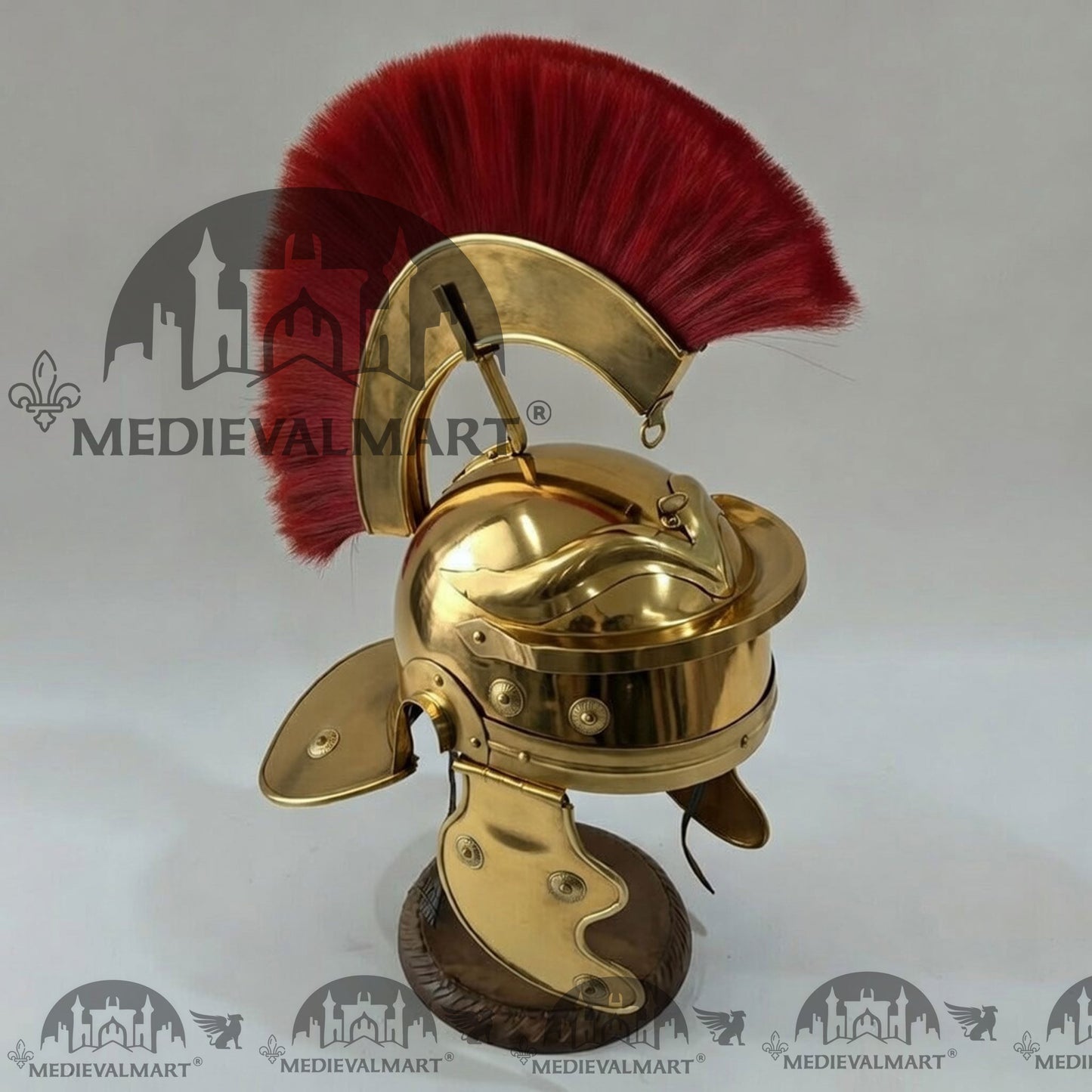 MEDIEVALMART Gallic Roman Centurion Gold Finish Helmet Replica Red Plume with Free Stand