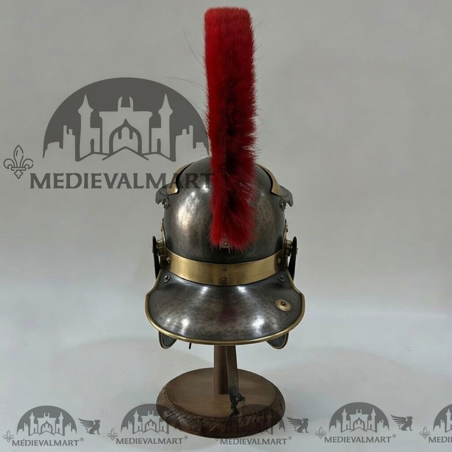 MEDIEVALMART Gallic Roman Centurion Antique Black Finish Helmet Replica Red Plume with Free Stand