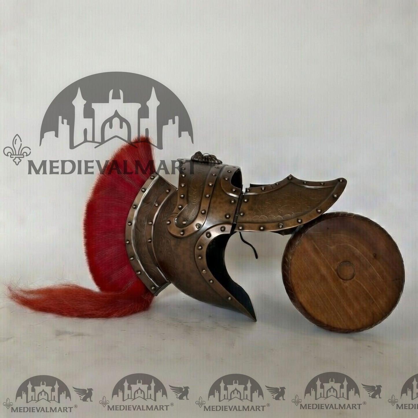 MEDIEVALMART Medieval Roman Centurion Antique Bronze Finish Helmet with Red Plume or Free Wooden Stand