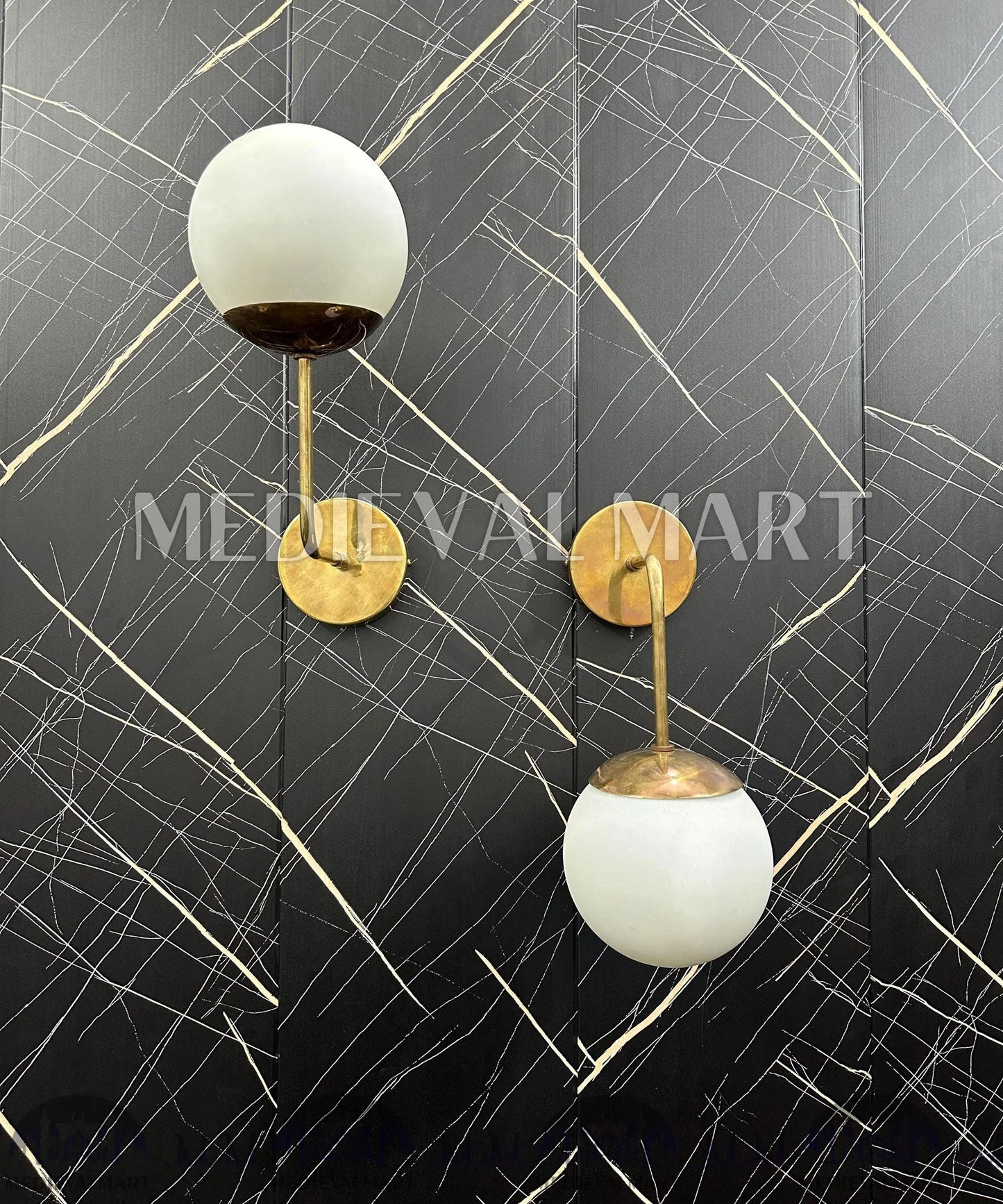 MEDIEVALMART Modern Brass Wall Sconce: Nordic Milky Globe Bathroom Light