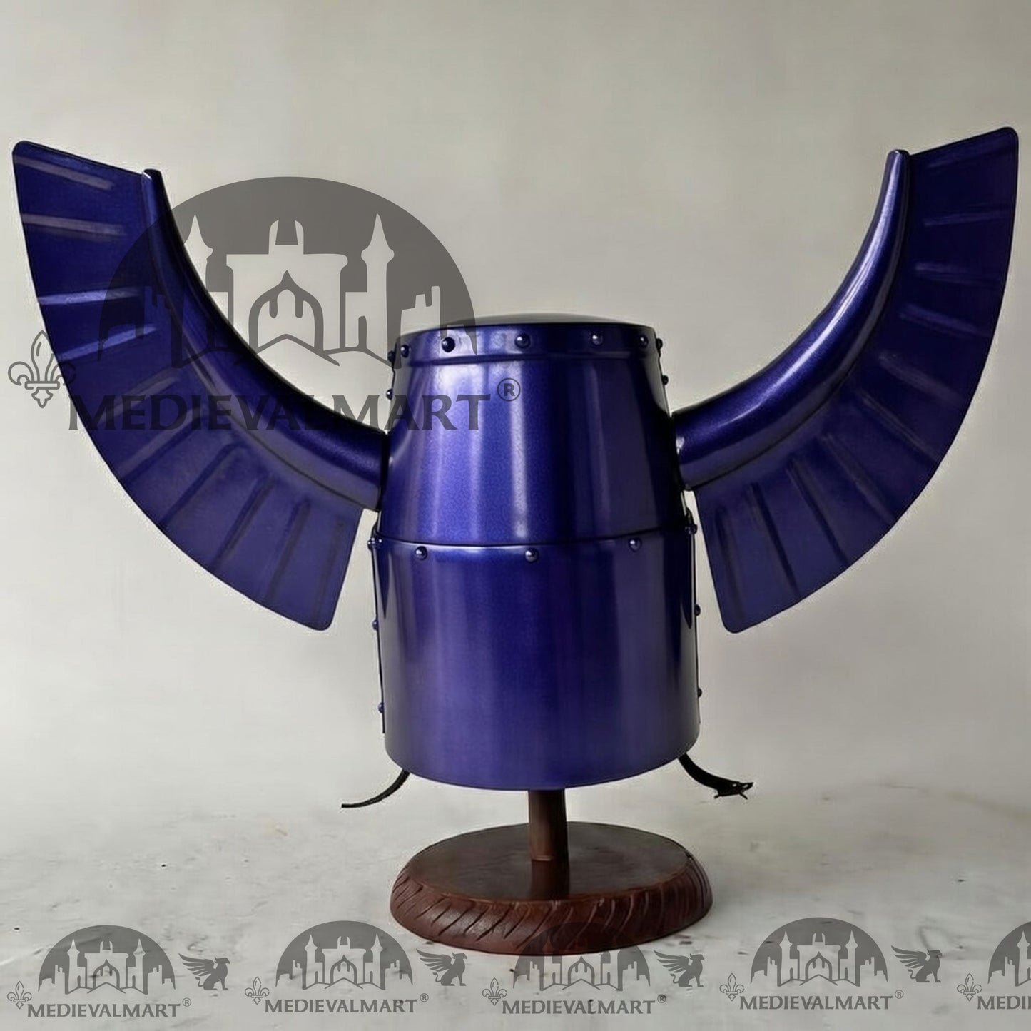 MEDIEVALMART Medieval Templar Warrior Teutonic Blue Finish Wing Helmet with Free Stand