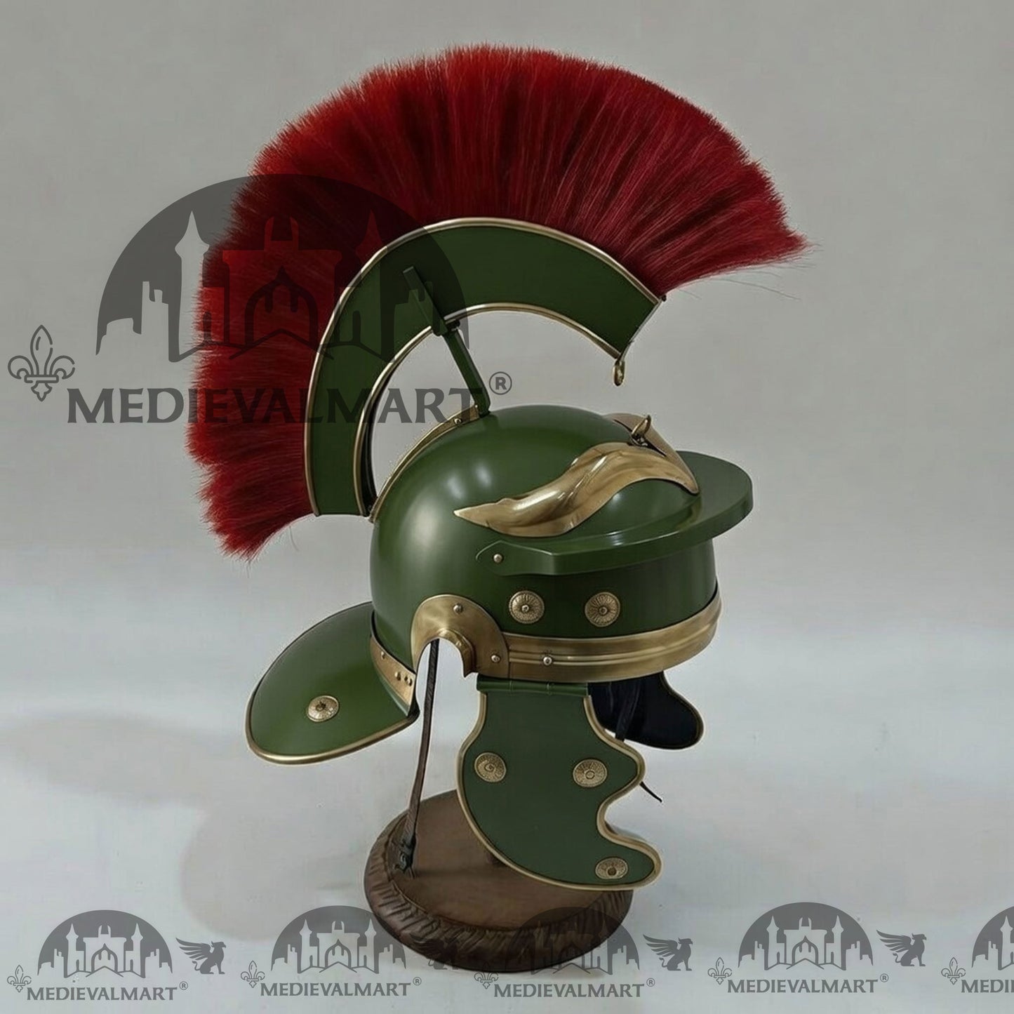 MEDIEVALMART Gallic Roman Centurion Jade Green Finish Helmet Replica Red Plume with Free Stand