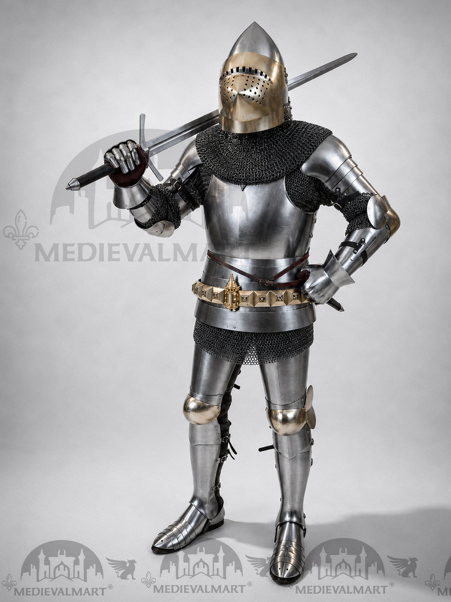 MEDIEVALMART Historical Knight Full Body Steel Armor Suit W/H Hundsgugel Helmet, Cuirass Stop Rib or Brass Touch