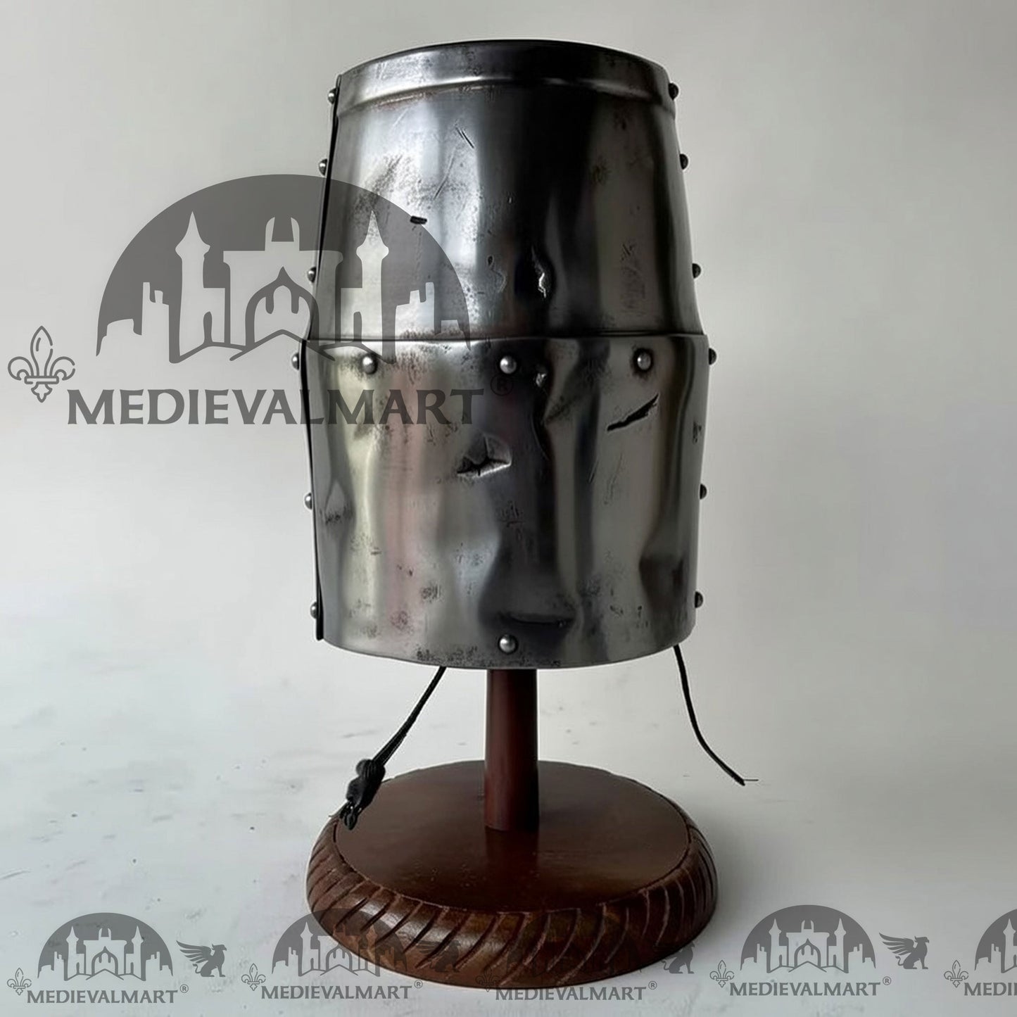 MEDIEVALMART Special Templar Crusader Knight Battle Damage Silver Finish Helmet W/H Free Stand