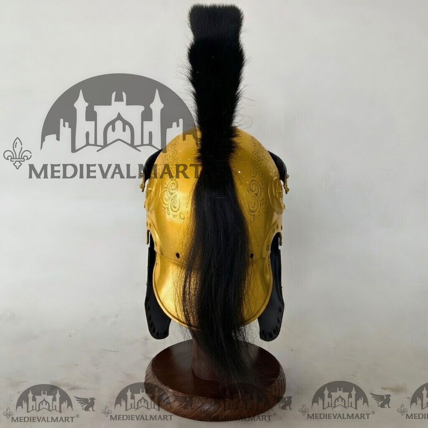 MEDIEVALMART Medieval Roman Centurion Yellow Finish Helmet with Black Plume or Free Wooden Stand