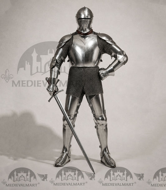 MEDIEVALMART 14th-Century Authentic Combat Full Plate Armor W/H Sword & Chainmail Inner