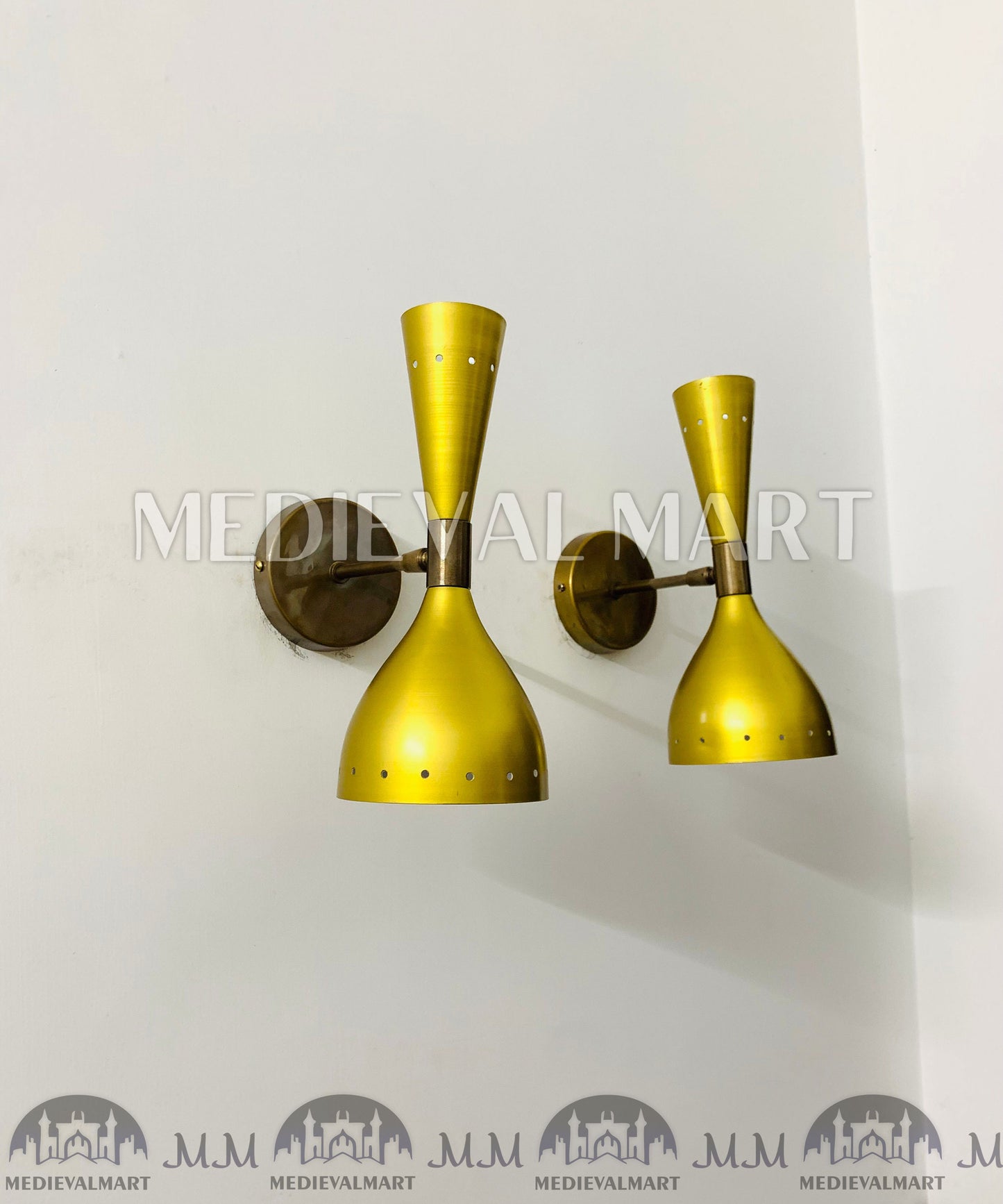 MEDIEVALMART Mid Century Brass Diabolo Wall Sconce Pair: Golden Adjustable Lighting