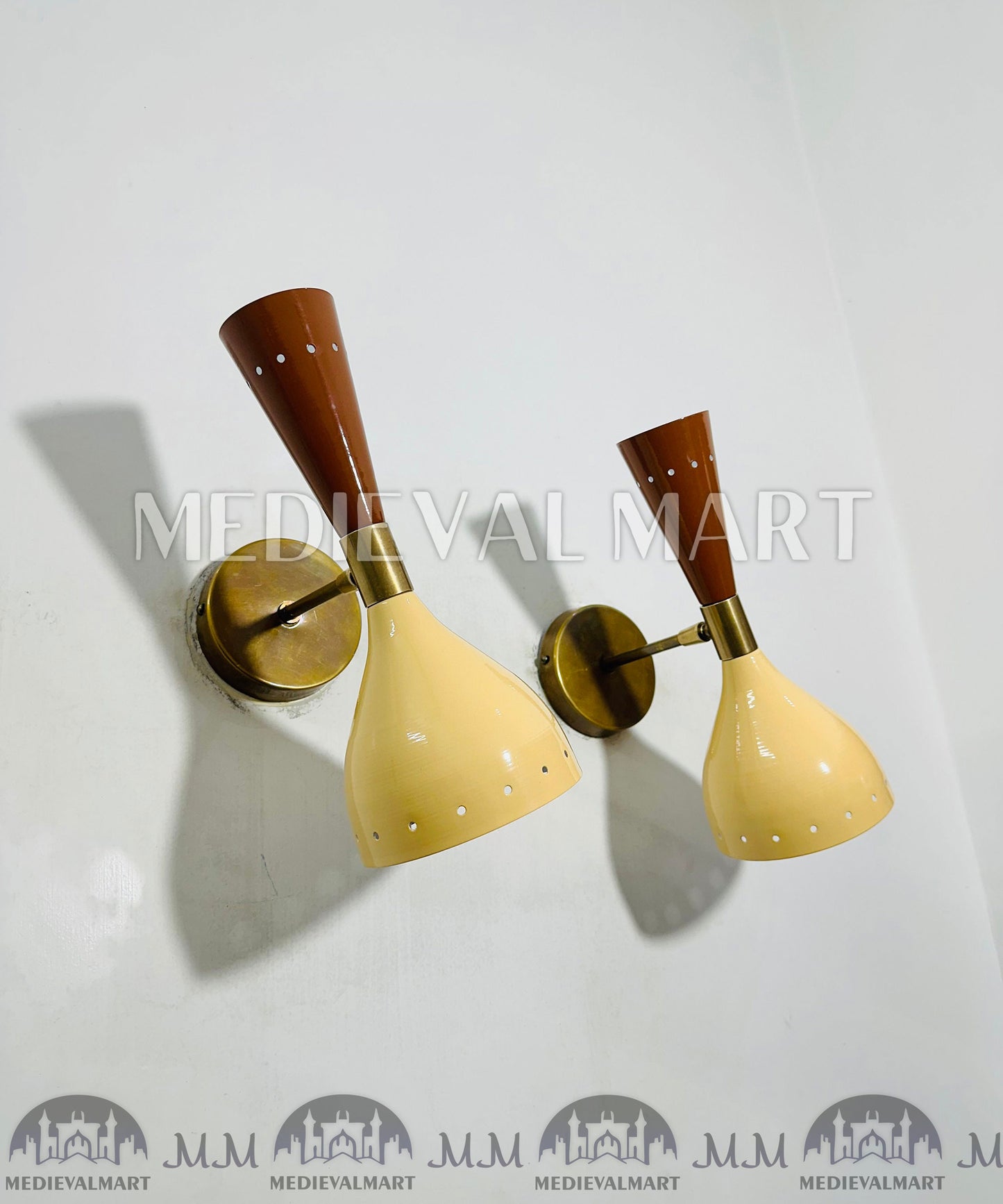 MEDIEVALMART Brass Wall Sconce Pair Beige & White Mid Century Italian Adjustable Lamp Light