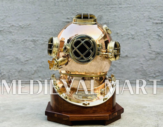 MEDIEVALMART Pure Copper Brass Diving Helmet With Wooden Base
