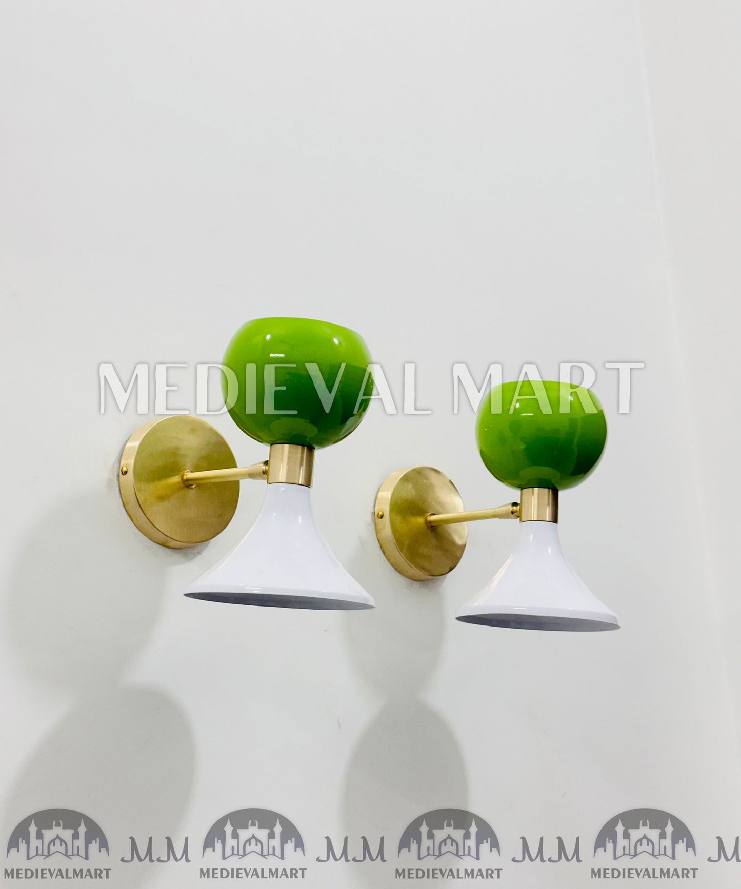 MEDIEVALMART Mid-Century Modern Brass Diabolo Wall Sconce - Green & White - Pair