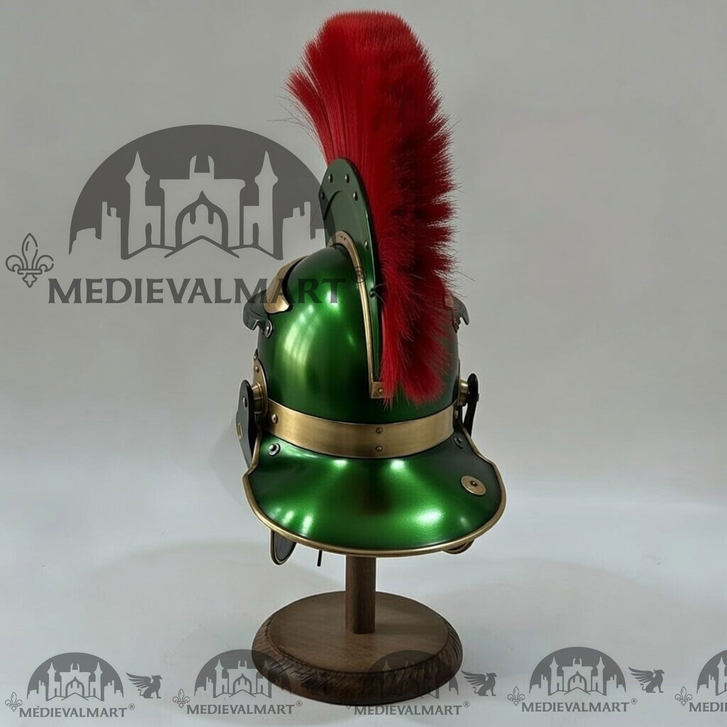 MEDIEVALMART Gallic Roman Centurion Green Finish Helmet Replica Red Plume with Free Stand