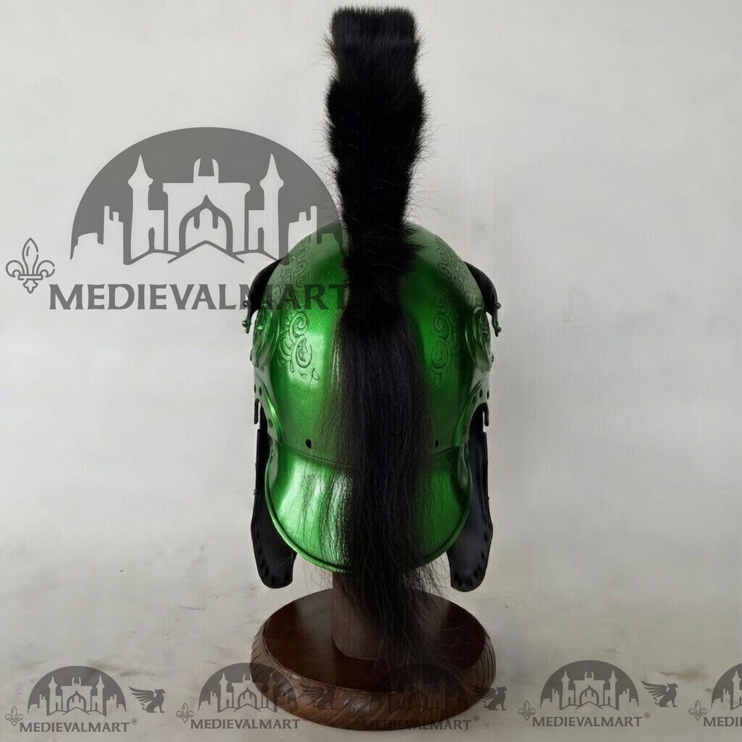 MEDIEVALMART Medieval Roman Centurion Green Finish Helmet with Black Plume or Free Wooden Stand