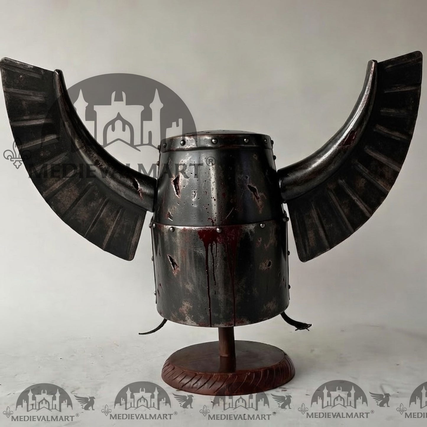 MEDIEVALMART Medieval Templar Warrior Teutonic Damage Black W/H Blood Finish Wing Helmet with Free Stand