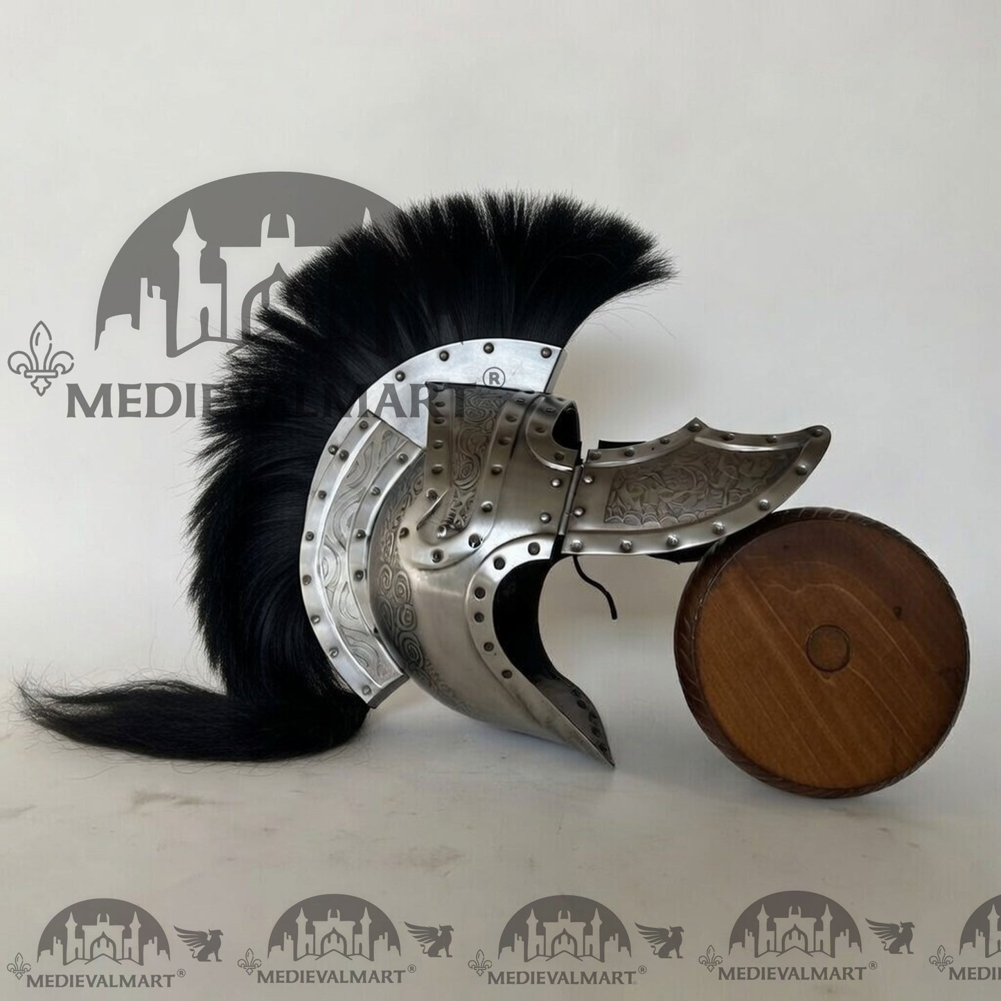 MEDIEVALMART Medieval Roman Centurion Silver Finish Helmet with Black Plume or Free Wooden Stand