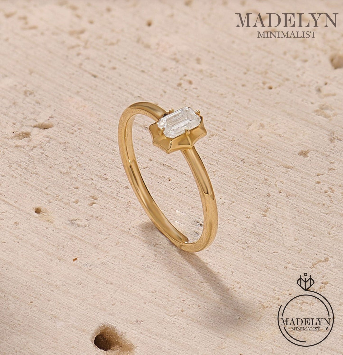 MADELYN MINIMALIST 14k Solid Gold Baguette Dainty Solitaire Engagement Ring for Women | Gift For Her Birthday