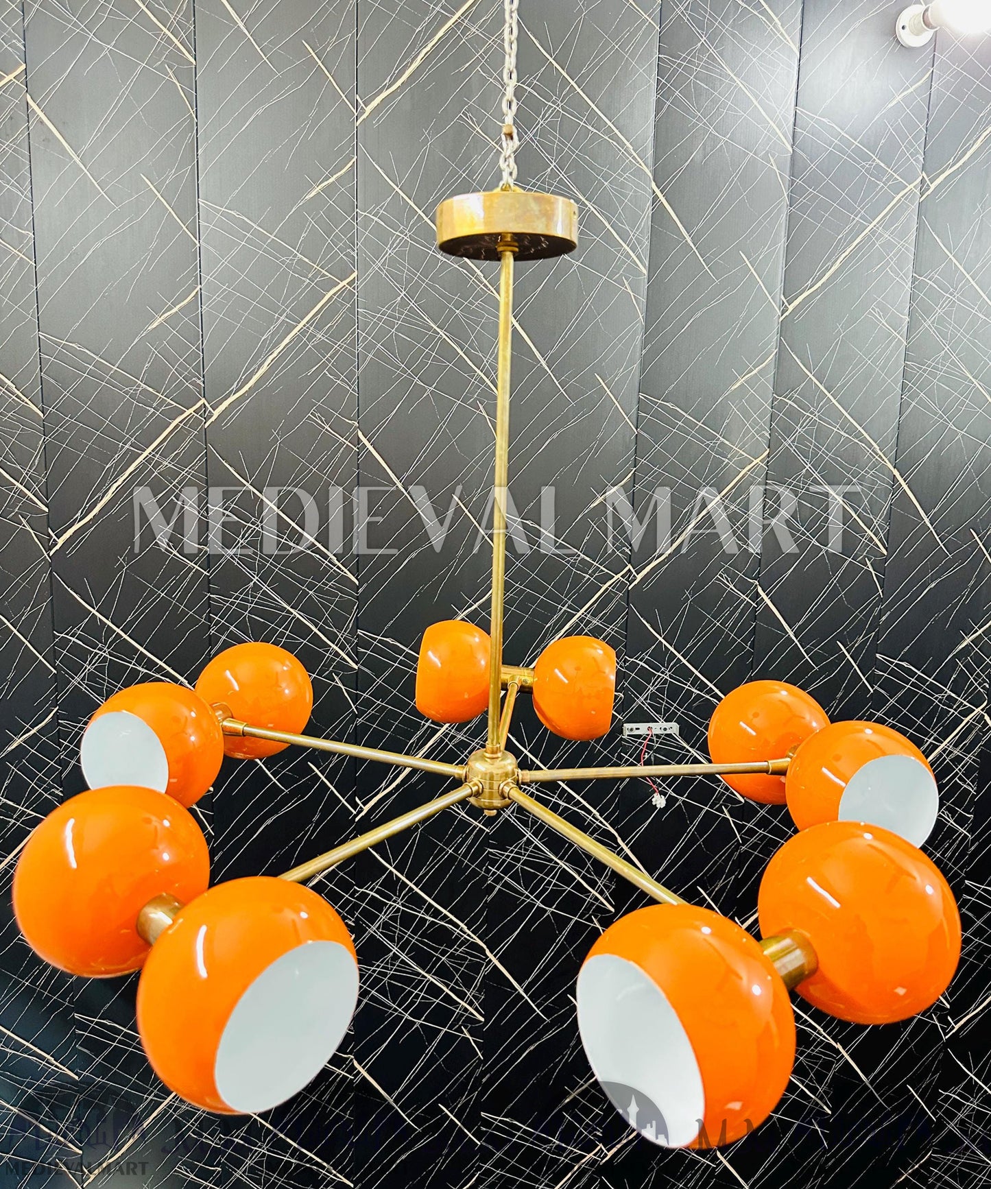 MEDIEVALMART Mid Century Sputnik Chandelier: Brass & Orange Ball Ceiling Light