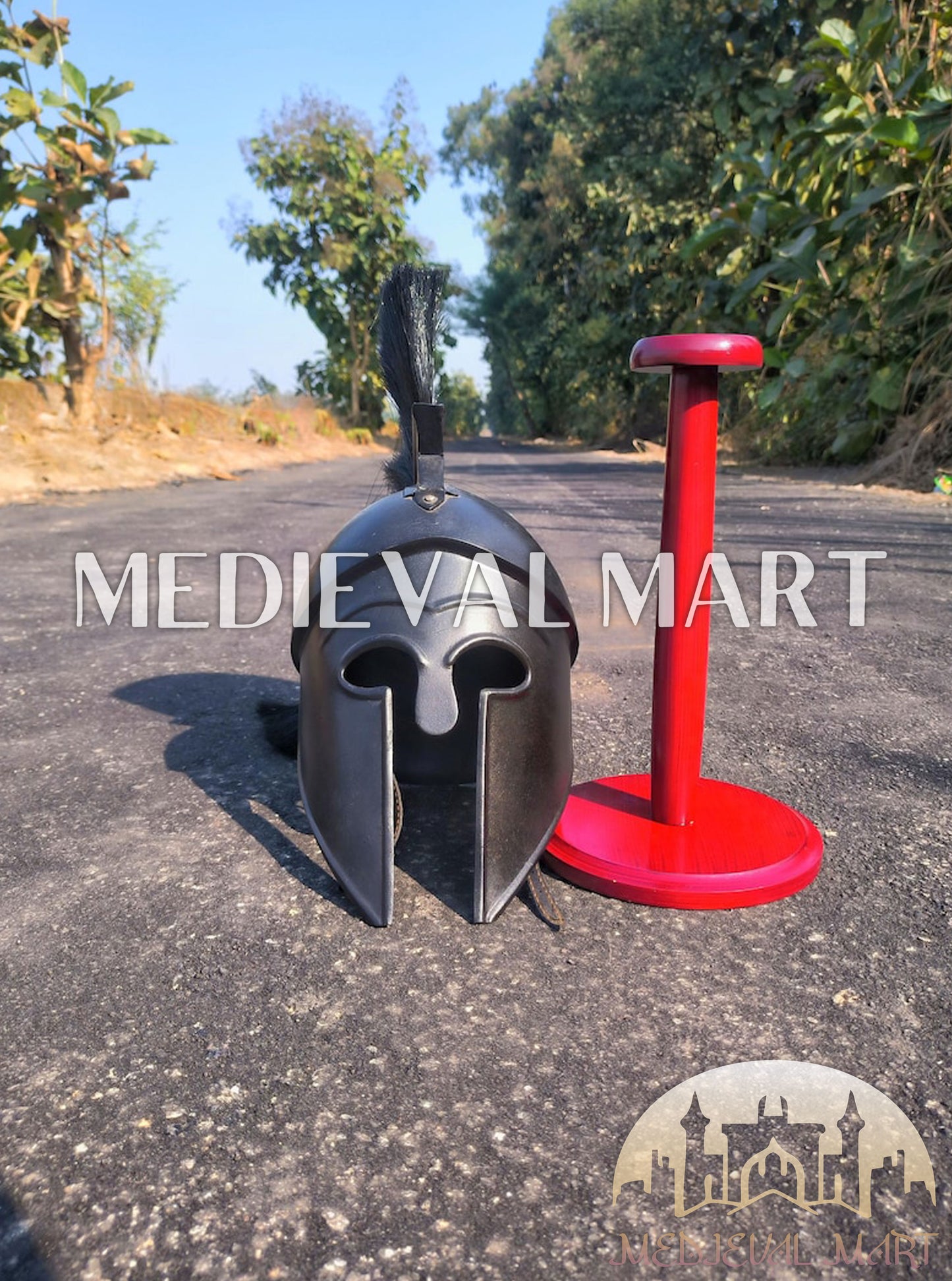 MEDIEVALMART Corinthian Greek Knight Crusader Black Finish Spartan Helmet W/H Free Stand | 300 Props
