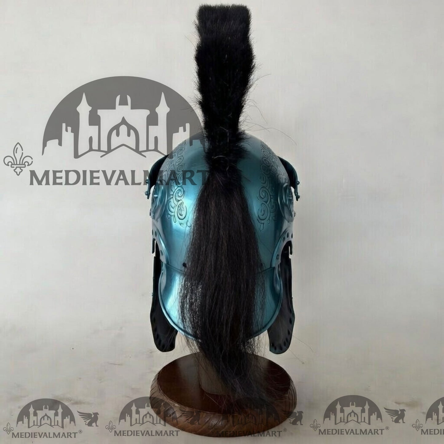 MEDIEVALMART Medieval Roman Centurion Aqua Blue Finish Helmet with Black Plume or Free Wooden Stand