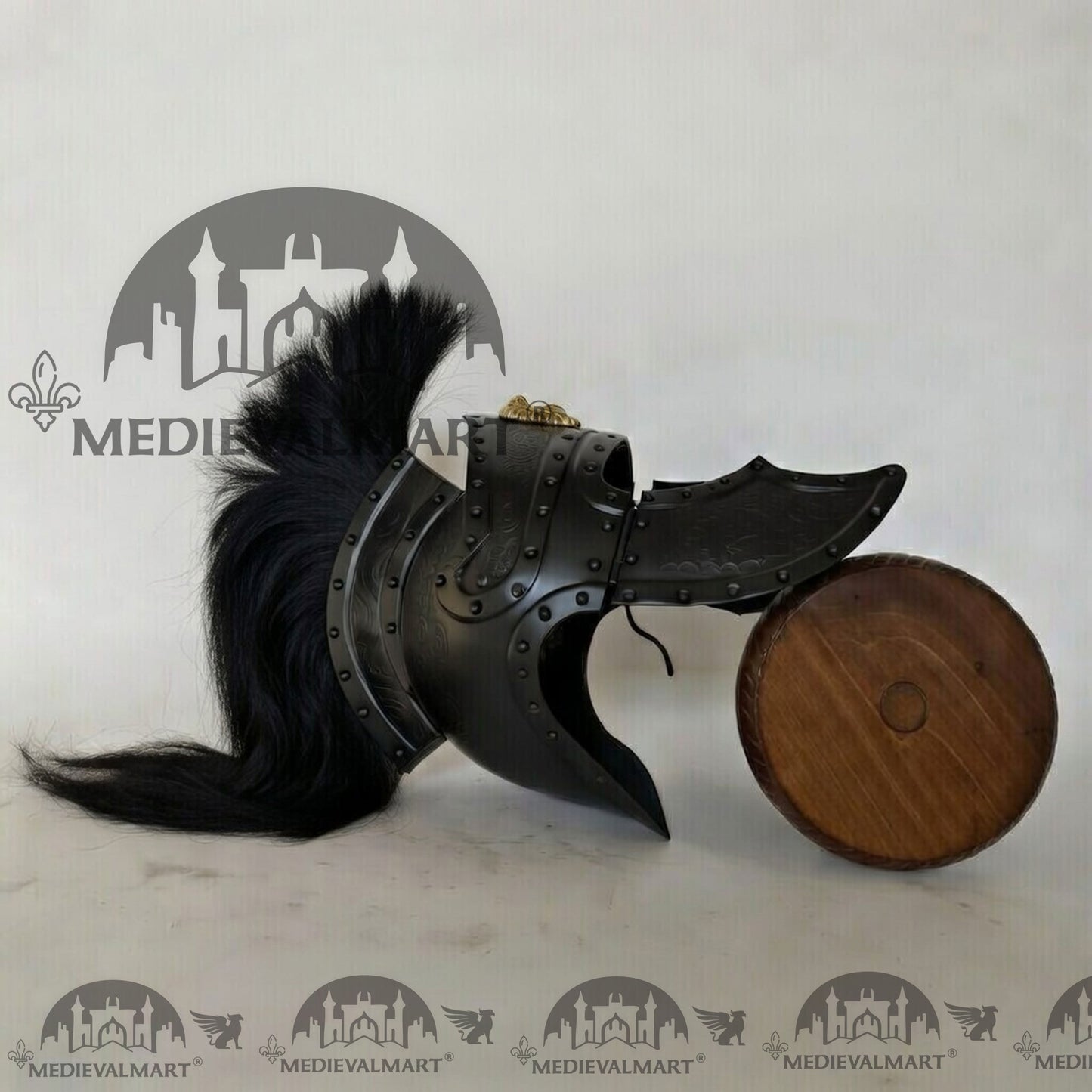 MEDIEVALMART Medieval Roman Centurion Black Finish Helmet with Black Plume or Free Wooden Stand