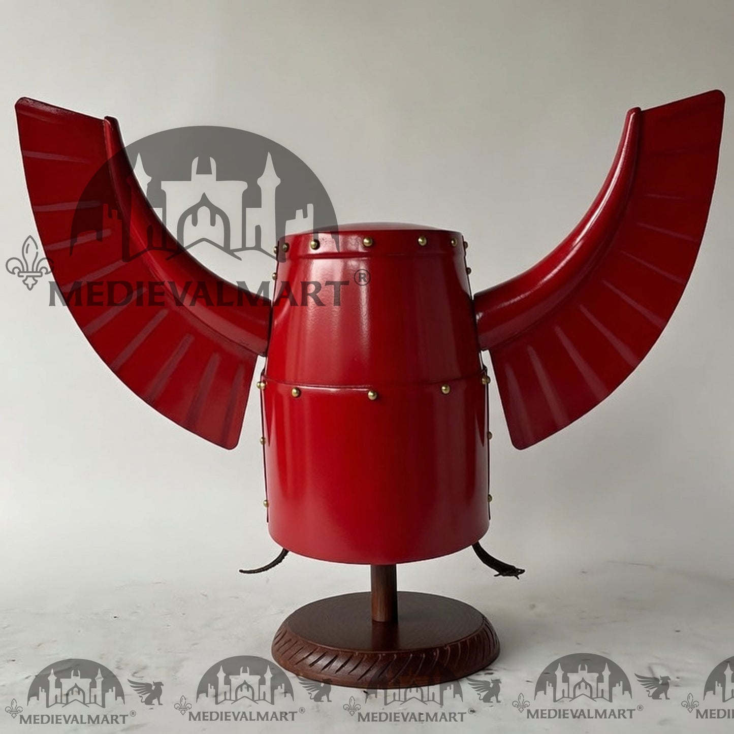 MEDIEVALMART Medieval Templar Warrior Teutonic Antique Red W/H Gold Rivets Wing Helmet with Free Stand
