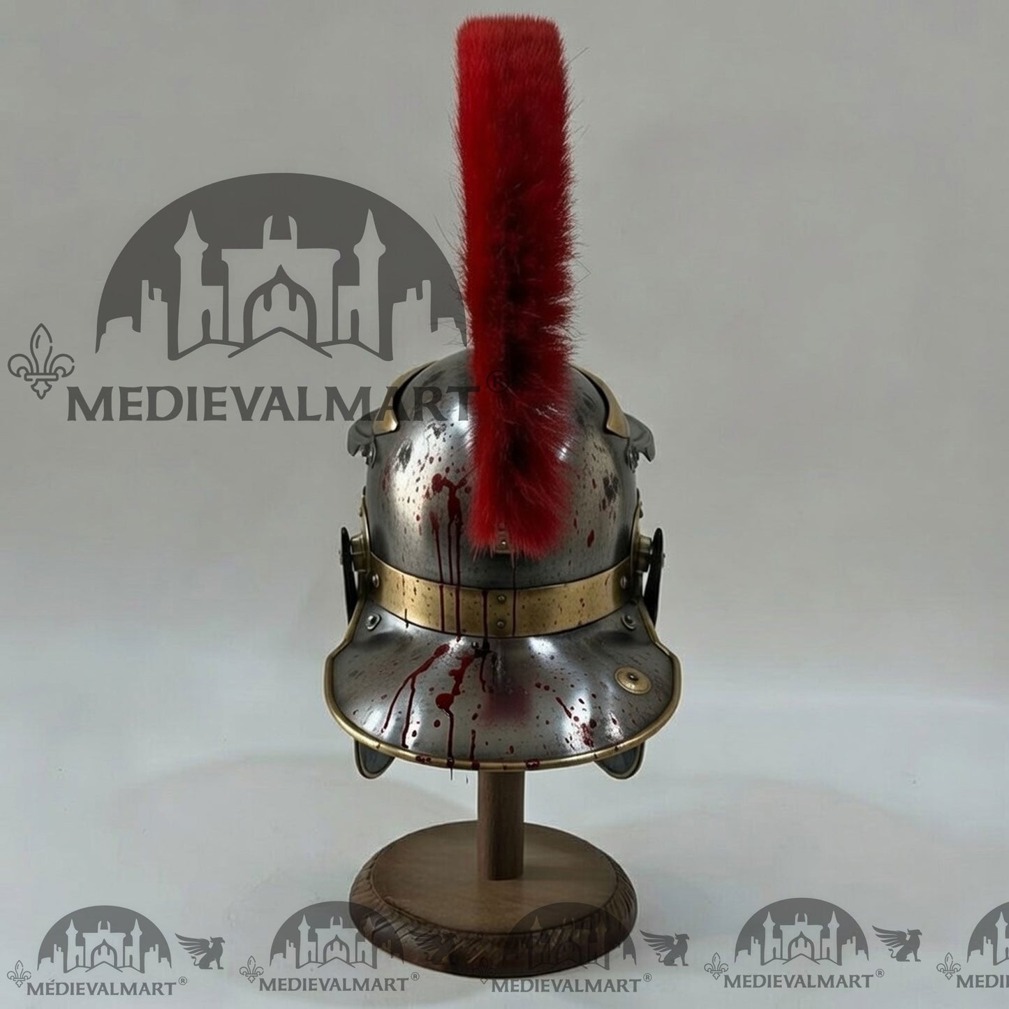 MEDIEVALMART Gallic Roman Centurion Silver Damage W/H Blood Finish Helmet Replica Red Plume with Free Stand
