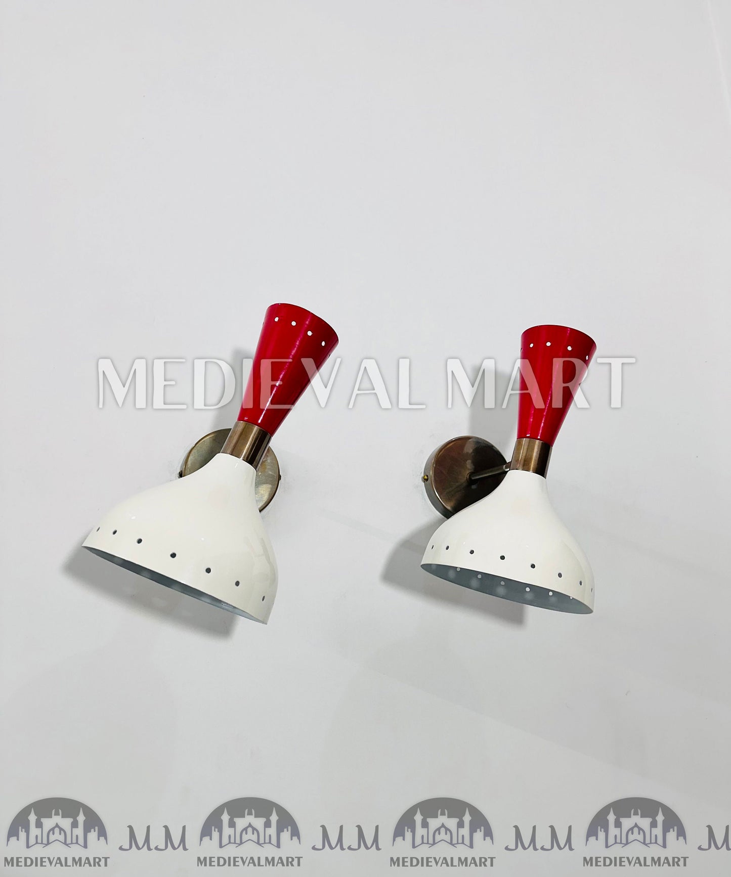 MEDIEVALMART Mid Century Brass Wall Sconce Pair: Italian Stilnovo Red & White Lamp